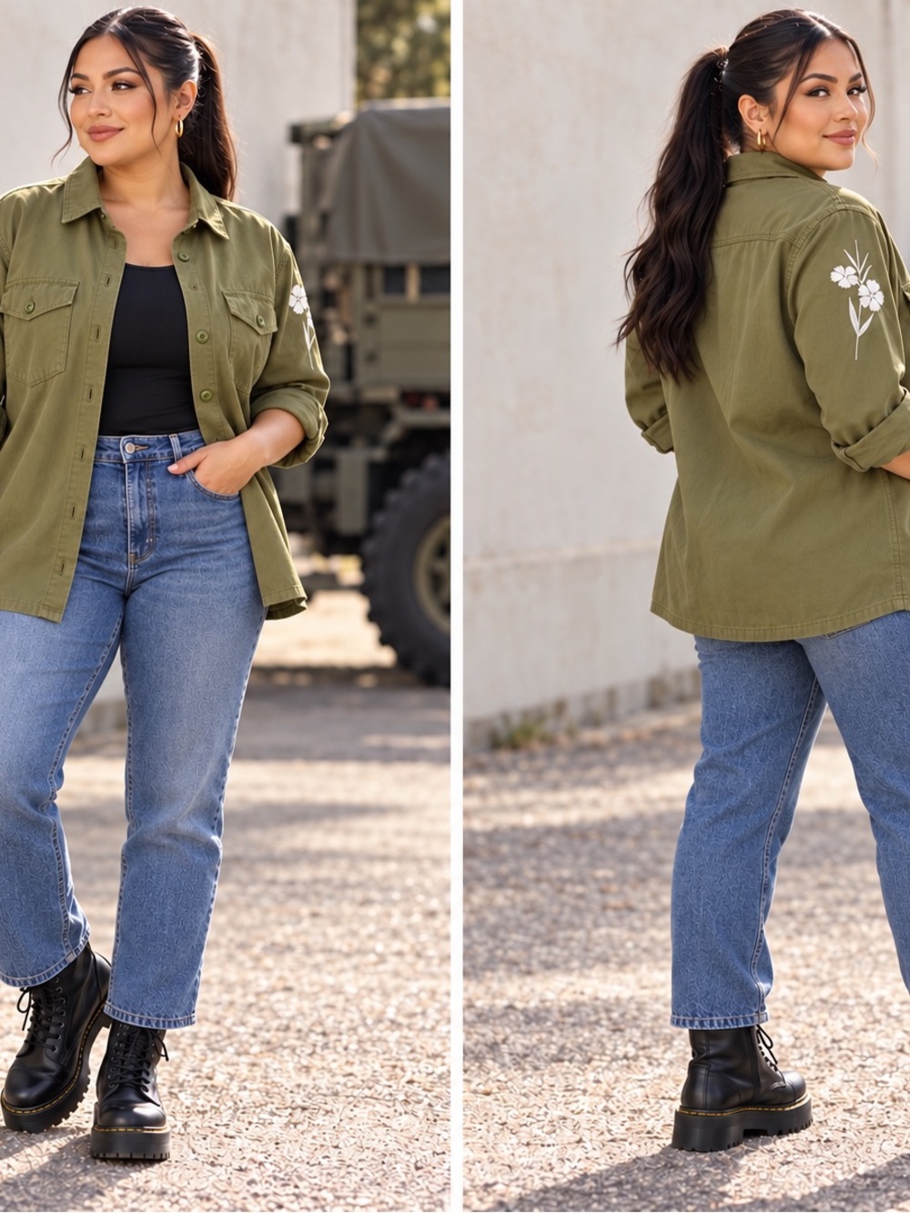 Levi's Olive Green Utility Jacket with White Floral Embroidery